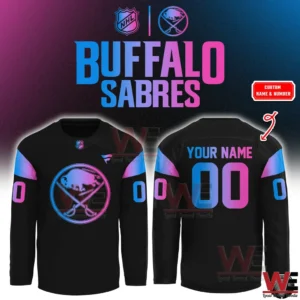 Black Buffalo Sabres long sleeve jersey with neon logo and custom name and number!