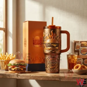 Burger King insulated tumbler on a table with burger fries and drink!