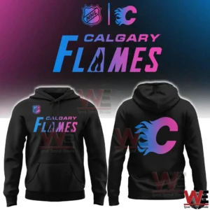 Front and back view of Calgary Flames cyberpunk hoodie with large C logo!