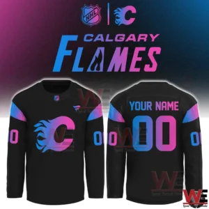 Customizable Calgary Flames cyberpunk long sleeve hockey jersey front and back!