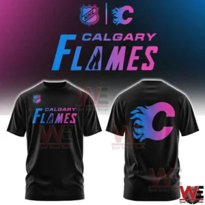 Front and back view of Calgary Flames cyberpunk style t shirt!