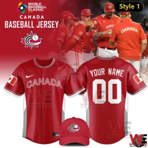 Red Canada baseball jersey front and back with matching red cap and maple leaf baseball logo!.