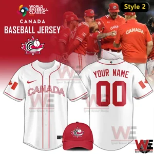 White Canada baseball jersey front and back with red details and matching red cap logo!.