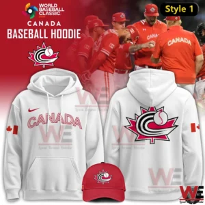 White Canada Baseball Hoodie and red cap for World Baseball Classic 2026 with team logo.