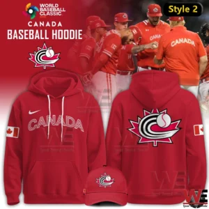 Red Canada Baseball Hoodie and red cap for World Baseball Classic 2026 with team logo.