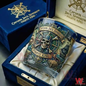Pirate themed skull whiskey glass displayed in a blue gift box!