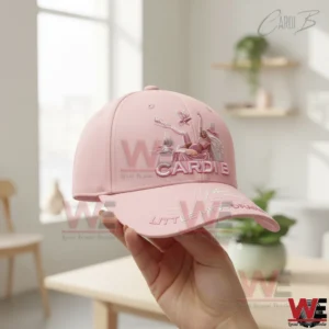 Pink Cardi B tour cap with embroidered design held by a hand indoors!