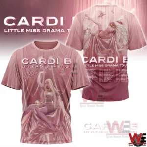 Front and back view of pink Cardi B Little Miss Drama Tour shirt with tour dates!