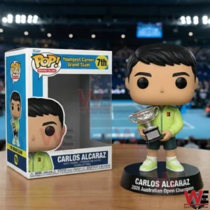 Tennis champion collectible holding a trophy beside a display box!