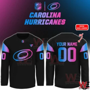 Black Carolina Hurricanes long sleeve jersey with neon logo and custom name and number!