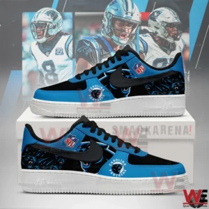 Blue and black Carolina Panthers Air Force 1 sneakers with NFL logo and white sole.