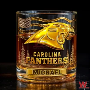 Gold Carolina Panthers whiskey glass with the name Michael!