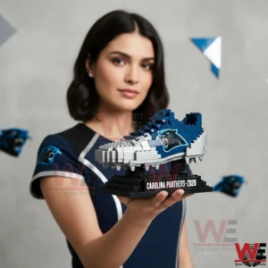 Building block sneaker model in Carolina Panthers colors displayed on a stand!