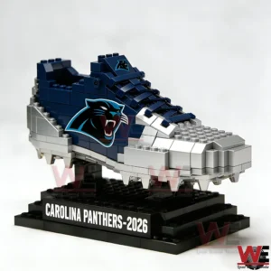 Close up of a Carolina Panthers themed sneaker made from building blocks!