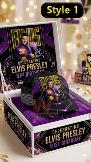 Royal purple Elvis Presley birthday cap displayed in a commemorative gift box