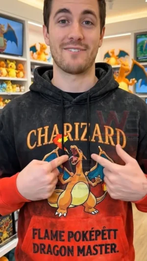 Man wearing black and red Charizard Flame Pokemon Dragon Master hoodie in store!