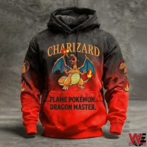 Charizard Flame Pokemon Dragon Master Vintage Hoodie 5 Black and red Charizard Flame Pokemon Dragon Master vintage hoodie on gray background!