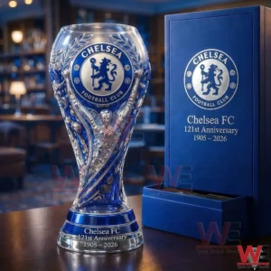 Chelsea FC anniversary glass trophy displayed with branded presentation box!