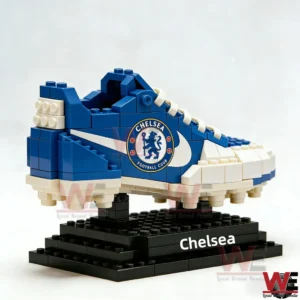 Chelsea brick football boot displayed on a black stand!