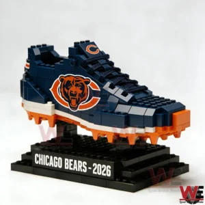 A Chicago Bears football shoe built from building blocks on a display stand!