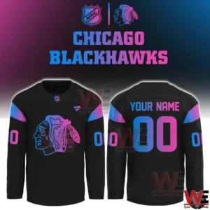Chicago Blackhawks NHL Cyberpunk Warm Up Hockey Limited Edition 2026 Jersey, Hoodie 8 Customizable Chicago Blackhawks cyberpunk long sleeve hockey jersey front and back!