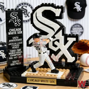 Building brick Chicago White Sox display with player batting in front of large team logo!