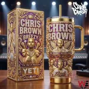Gold Chris Brown themed tumbler and box displayed in a music studio setting.