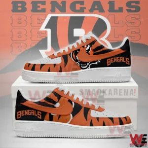 Orange and black Bengals sneakers with tiger graphic and team name on the side!