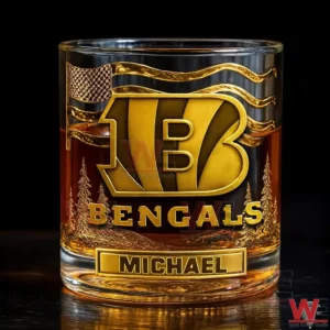 Gold Cincinnati Bengals whiskey glass with team logo and name Michael