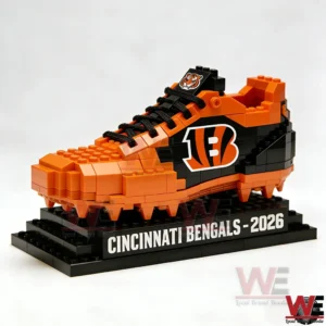 Close up of a brick built Cincinnati Bengals football shoe on a display base!