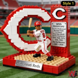 Brick built Cincinnati Reds baseball player with large C logo and 145th Anniversary plaque display!