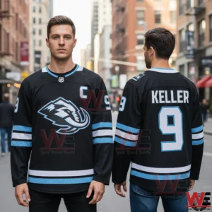 Black Utah Mammoth hockey jersey number 9 Keller shown from front and back!
