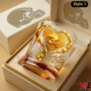 Golden heart football themed whiskey glass in luxury gift box!