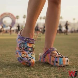 Colorful Coachella crocs worn on grass at a music festival!