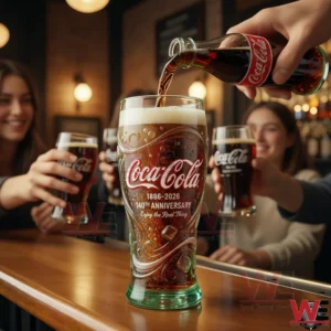 Coca Cola anniversary glass being filled at a bar with friends in the background!