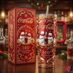 Red and gold Coca Cola 140th Anniversary tumbler with decorative box on a festive table!