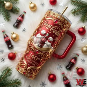Coca Cola 140th Anniversary tumbler surrounded by Christmas ornaments and bottles!
