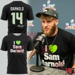 Black shirt with I love Sam Darnold text and Darnold name and number on back.