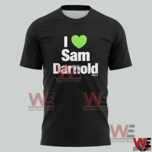 Front view of black shirt with I love Sam Darnold text.