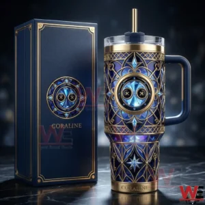 Blue and gold insulated tumbler with decorative fantasy patterns and matching box!