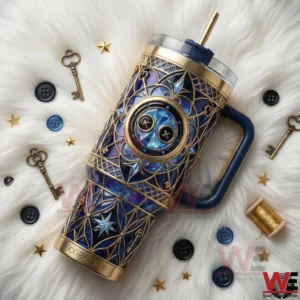 Blue and gold fantasy style tumbler placed on white fur with decorative objects!