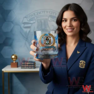A woman holding a Coventry City Football Club commemorative whiskey glass in a formal setting!