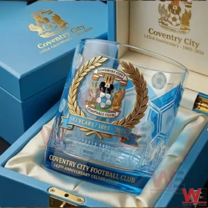 Coventry City Football Club commemorative whiskey glass displayed inside a premium presentation box!
