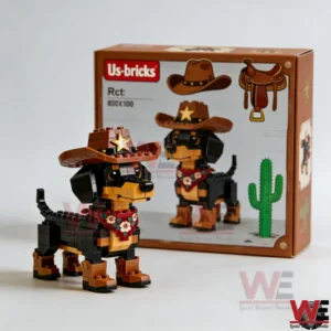 A block built dog wearing a cowboy hat and bandana standing on a table!