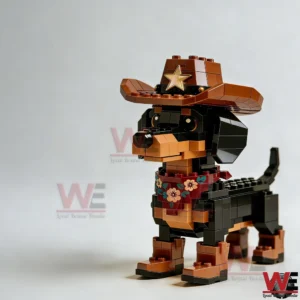 Close up of a block built dog wearing a cowboy hat!
