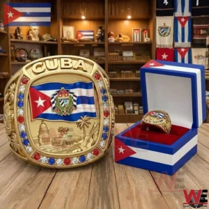 Gold ring with Cuba flag and colorful stones in display box!