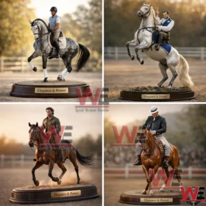 Four detailed equestrian rider statues on wooden bases engraved with Elegance and Power.