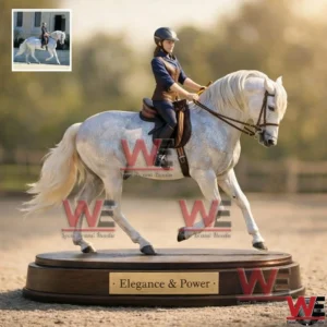 Custom Equestrian Statue 7 Statue of a female rider on a white horse walking on a wooden base labeled Elegance and Power.