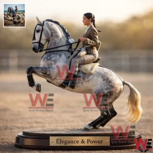 Custom Equestrian Statue 8 Statue of a female rider on a rearing gray horse on a base marked Elegance and Power.