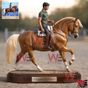 Custom Equestrian Statue 9 Statue of a male rider on a brown horse walking on a wooden base engraved with Elegance and Power.